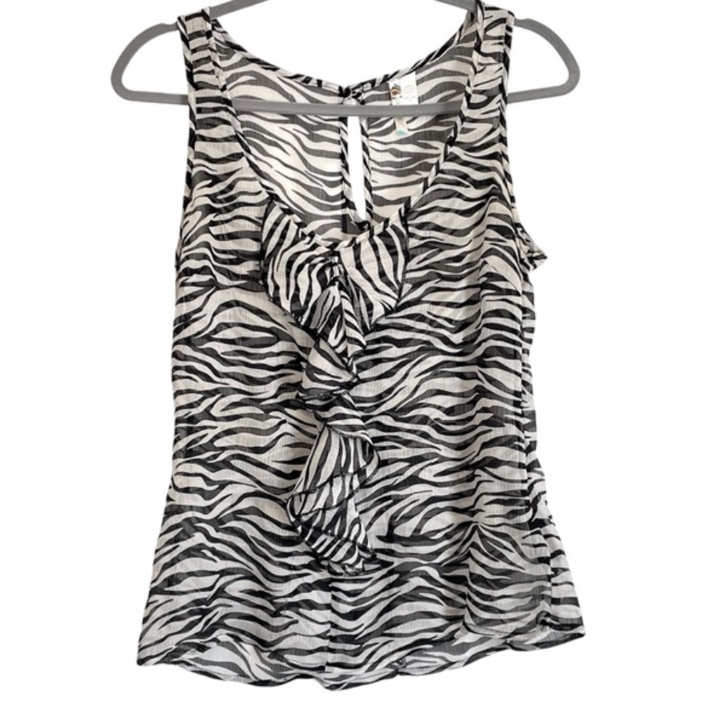 6 Degrees Sheer Zebra Print Women’s Sleeveless Ruffle Deep Scoop Top Size Med